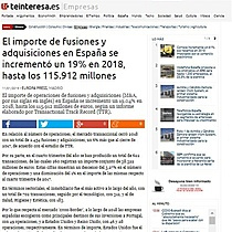 El importe de fusiones y adquisiciones en Espaa se increment un 19% en 2018, hasta los 115.912 millones